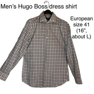 Men’s Hugo Boss European size 41(16”, L)slim fit handsome gray/white dress shirt